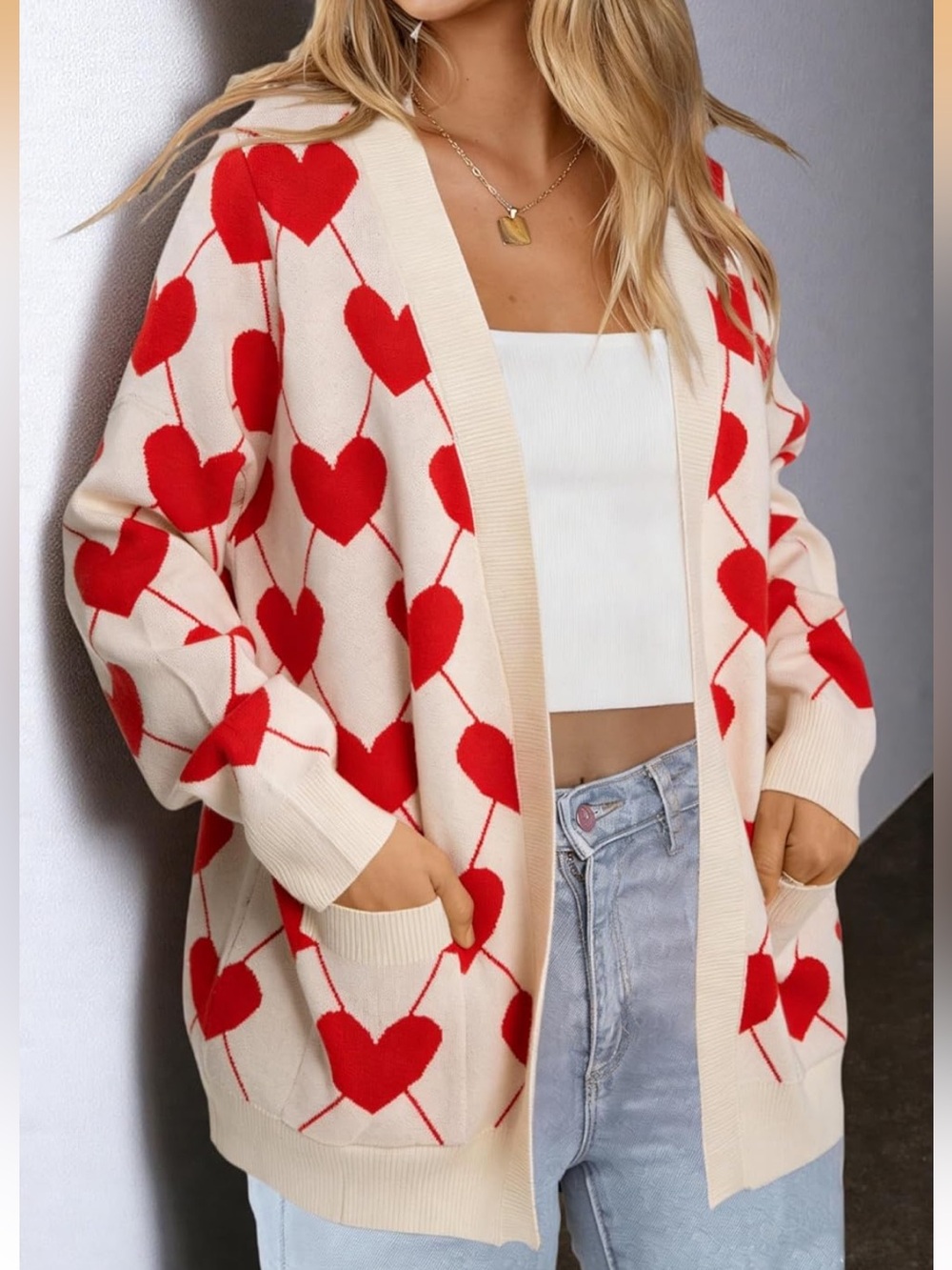 Cream and Red Heart-Print Open Cardigan